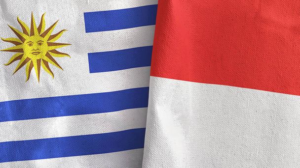 Indonésie a Uruguay dvě vlajky textilní tkaniny 3D vykreslování - Fotografie, Obrázek