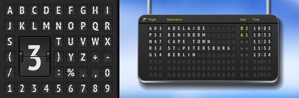 Vector airline departure board isolated. Flip airport board template. Black 3D airport timetable with analog scoreboard font - Vector, Image
