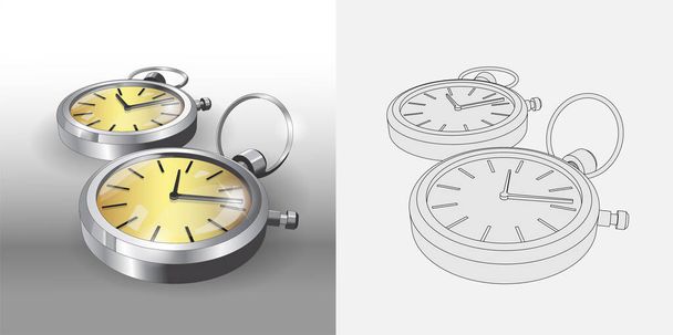 Реалістичні 3d моделі кишенькових срібних годинників. Два класичні кишенькові годинники Плакат Дизайн Шаблон. Розмальовки і барвисті годинники. Векторна ілюстрація
 - Вектор, зображення