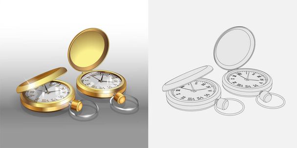 Реалістичні 3d моделі золотих кишенькових годинників. Два класичні кишенькові годинники Плакат Дизайн Шаблон. Розмальовки і барвисті годинники. Векторна ілюстрація
 - Вектор, зображення