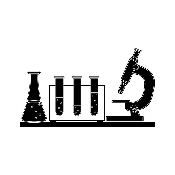 Louça química, microscópio, tubos de ensaio e frasco cónico na superfície da mesa, estêncil preto sobre um fundo branco em um estilo plano, clipart, design, decoração, banner - Vetor, Imagem