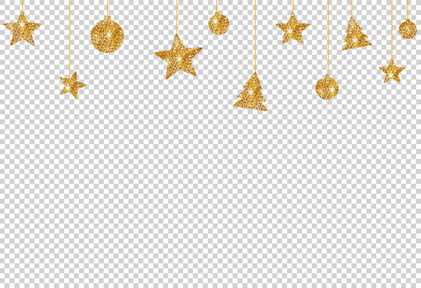 Natal brilho decoração dourada, estrela, bola, árvore pendurada de cima isolado no png ou fundo transparente, espaço para texto, modelo de banner de venda, Ano Novo, Aniversários, cartão de luxo, vetor  - Vetor, Imagem