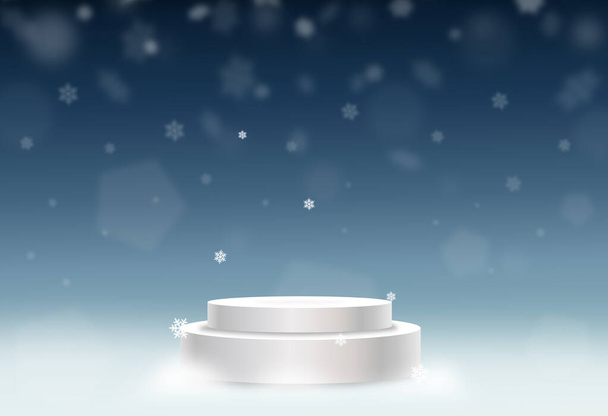 Boże Narodzenie bokeh spada śnieg z podium lub gablocie umieścić produkty izolować na niebieskim tle na Nowy Rok, Urodziny, Ślub, Wydarzenie specjalne, Ilustracja wektor  - Wektor, obraz