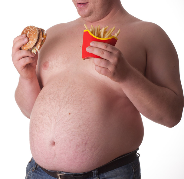 Fat man with hamburger - Foto, Imagen