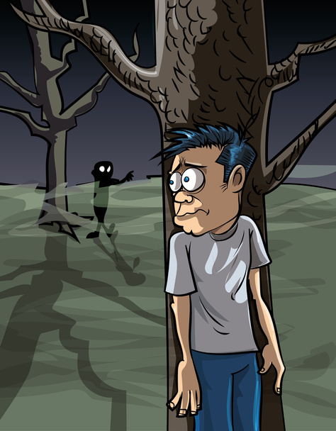 Dibujos animados del hombre asustado en el bosque escondido
 - Vector, imagen
