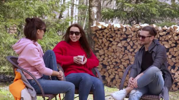 Freunde kommunizieren miteinander und trinken, während sie am Feuer auf Stühlen sitzen - Filmmaterial, Video