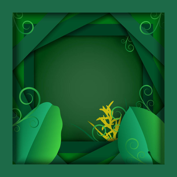Зеленая рамка стиля бумажного искусства с рисунком листьев на фоне природы, текстура тропического листа, энергия сохранения и концепция свежего воздуха, вектор или стиль иллюстрации - Вектор,изображение