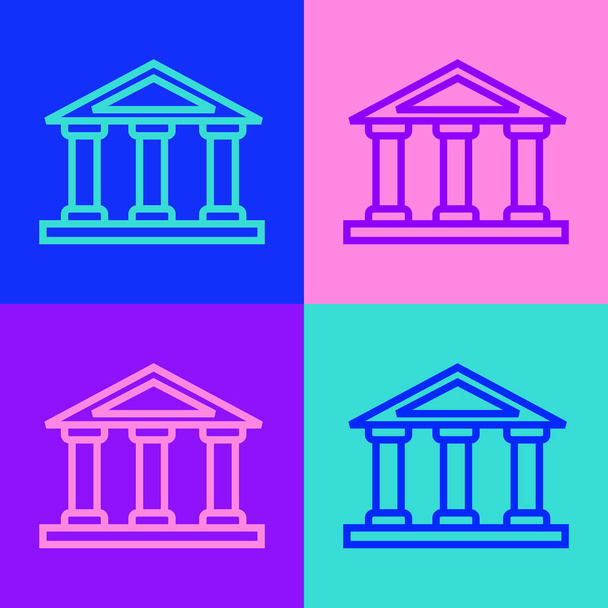 Pop-Art-Linie Gerichtsgebäude Symbol isoliert auf farbigem Hintergrund. Bank oder Museum bauen. Vektor. - Vektor, Bild