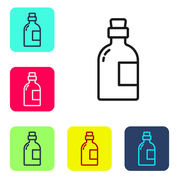Μαύρη γραμμή αλκοόλ ποτό Ρούμι μπουκάλι εικονίδιο απομονώνονται σε λευκό φόντο. Ορισμός εικονιδίων σε χρωματιστά τετράγωνα κουμπιά. Διάνυσμα. - Διάνυσμα, εικόνα