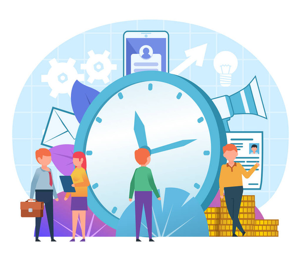 時間管理の概念。小さな人が大きな時計の近くに立っている。ウェブページ、バナー、ソーシャルメディア、プレゼンテーションのポスター。フラットデザインベクトルイラスト - ベクター画像