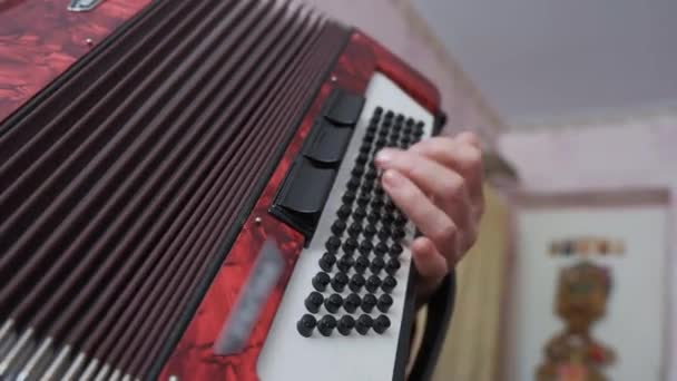 Heureuse femme mature joue de la musique sur accordéon dans la salle de lumière - Séquence, vidéo