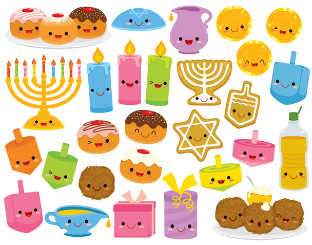 Desenhos animados Hanukkah definidos. Coleção de arte bonito clipe de desenhos animados símbolos Hanukkah com rostos sorridentes.  - Vetor, Imagem