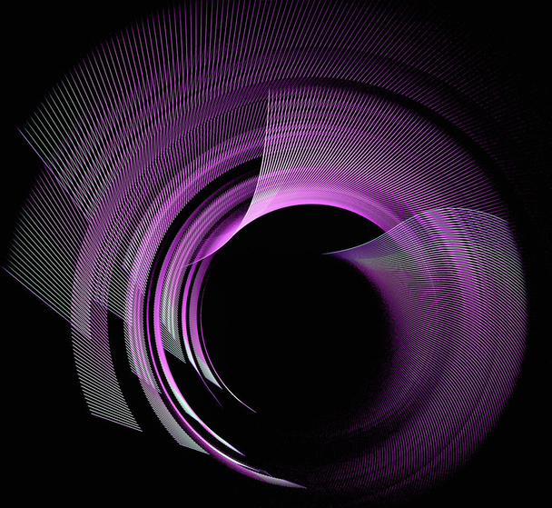 Many purple, petal-like surfaces move away from the circle and revolve against a black background. Abstract fractal background. 3d rendering. 3d illustration. Logo, sign, symbol, icon. - Photo, Image
