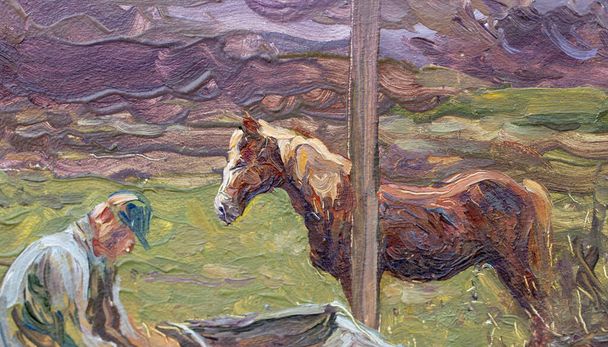 Άλογο στέκεται κοντά στο σπίτι ζωγραφική  - Φωτογραφία, εικόνα