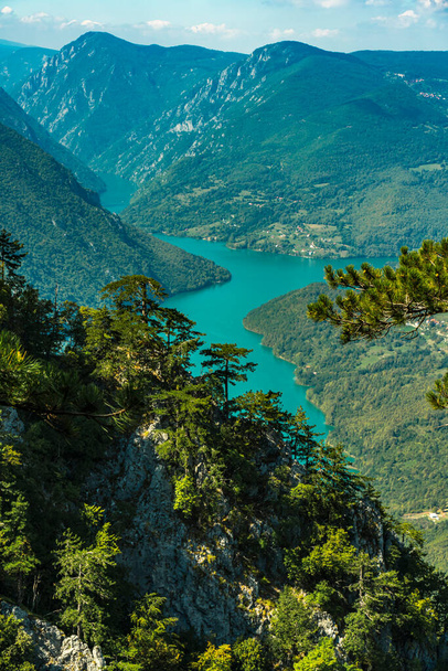 Sırbistan 'daki Tara dağından Perucac Gölü ve Drina Nehri manzarası - Fotoğraf, Görsel