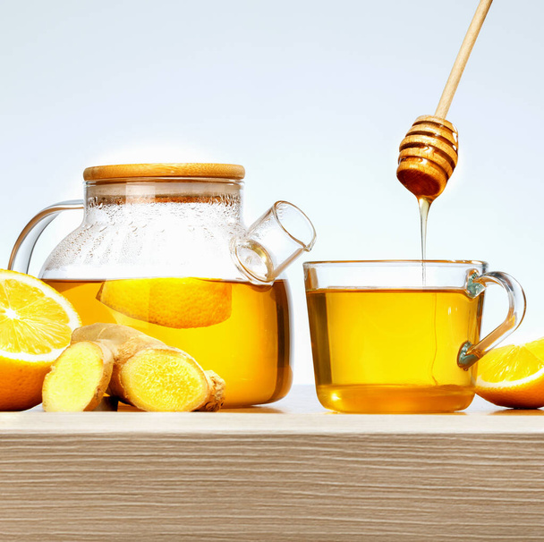 Ginger Tea With Lemon And Honey. - Фото, изображение