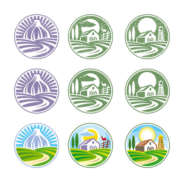 Symbolisch boerenlandschap ingegraveerd in een cirkel in verschillende versies - Vector, afbeelding