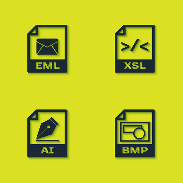 Ορισμός εγγράφου αρχείου EML, BMP, AI και XSL εικονίδιο. Διάνυσμα. - Διάνυσμα, εικόνα