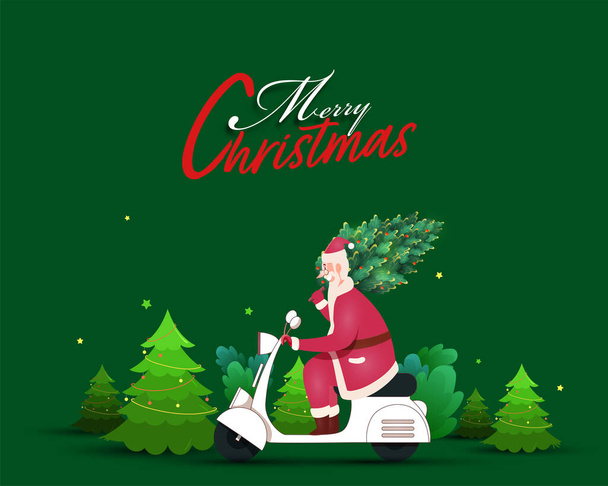 Merry Christmas Celebration Poster Design with Cheerful Santa Riding Scooter and Xmas Trees on Green Background. - Vecteur, image