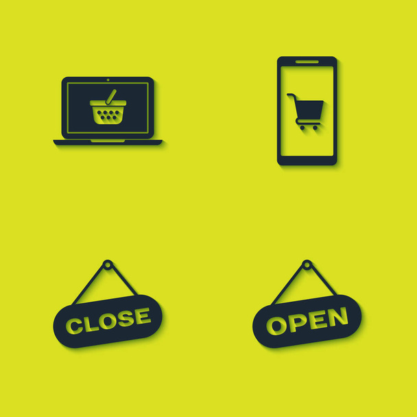 Set Shopping basket on laptop, Hanging sign with Open door, Close and Mobile and shopping cart icon. Vector. - Vector, Image