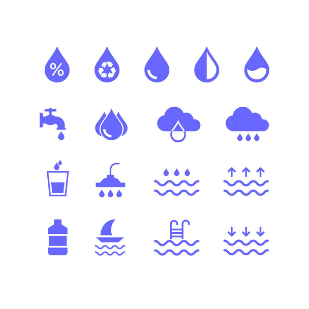 水資源に関連するアイコンのコレクション。インフォグラフィック、飲料水、降雨、湿度、再生可能なきれいな水産業からの設計要素に適しています。平らな液滴アイコンセット. - ベクター画像