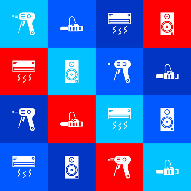 Set Electric hot glue gun, Chainsaw, Air conditioner and Stereo speaker icon. Vector. - Vector, Image