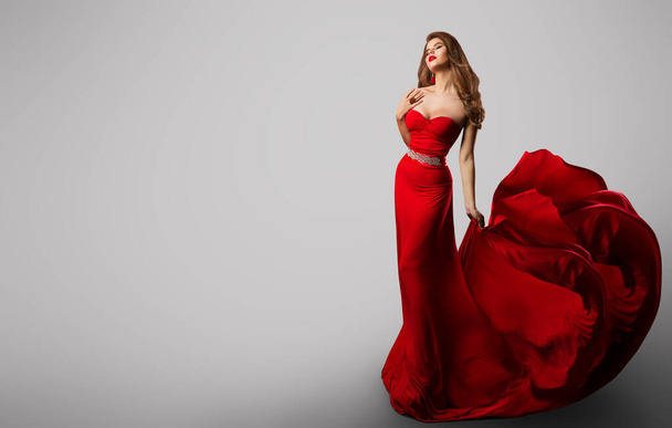 Beautiful Fashion Model in Red Dress, Woman Beauty Portrait, Elegant Lady in Long Sexy Gown - Foto, Imagem