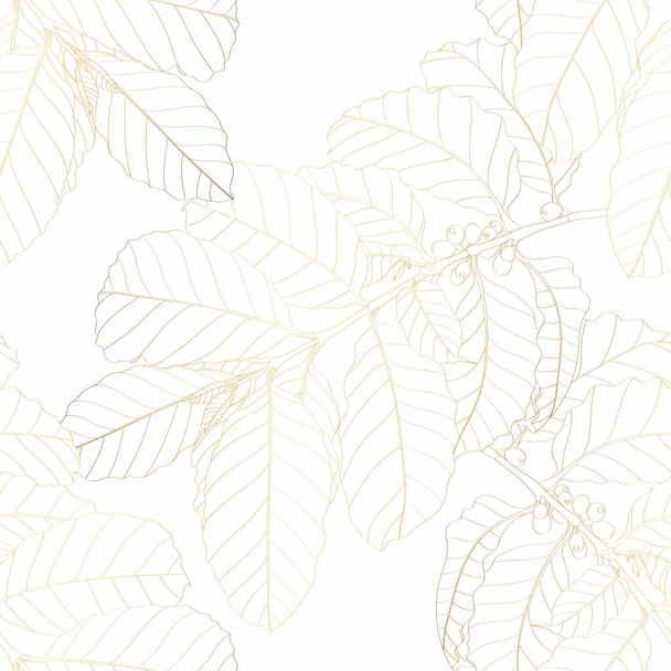 Καφές δέντρο αδιάλειπτη μοτίβο, κλαδί του δέντρου καφέ σε χρυσή γραμμή σε λευκό φόντο, vintage στυλ. - Διάνυσμα, εικόνα