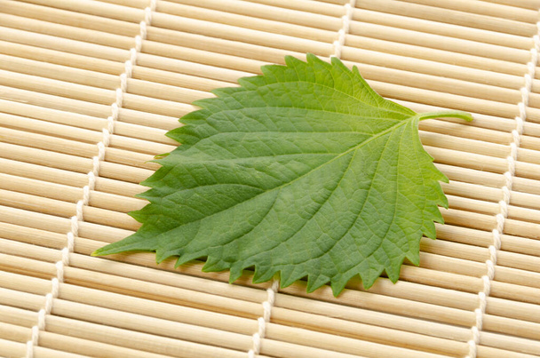 Friss zöld shiso (perilla frutescens) vagy obalevél bambusz hengerelt szőnyegen. - Fotó, kép