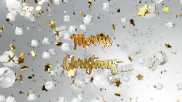 Año nuevo y Navidad 2021. Inscripción móvil de oro MERRY CHRISTMAS sobre fondo blanco con cajas de regalo, estrellas doradas, bolas de Navidad. Animación de bucle 3D 4K - Metraje, vídeo