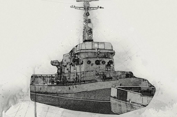 Military ship goes through the rough atlantic sea illustration vintage retro art drawing - Photo, Image