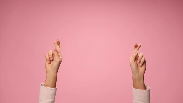 νεαρή γυναίκα κρατώντας τα χέρια στον αέρα σταυρώνουν τα δάχτυλα, κινείται και χορεύει σε ροζ φόντο - Πλάνα, βίντεο