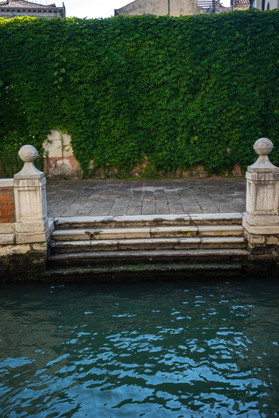 Itálie, Benátky, sedací souprava před budovou s rostlinami na zdi - Fotografie, Obrázek