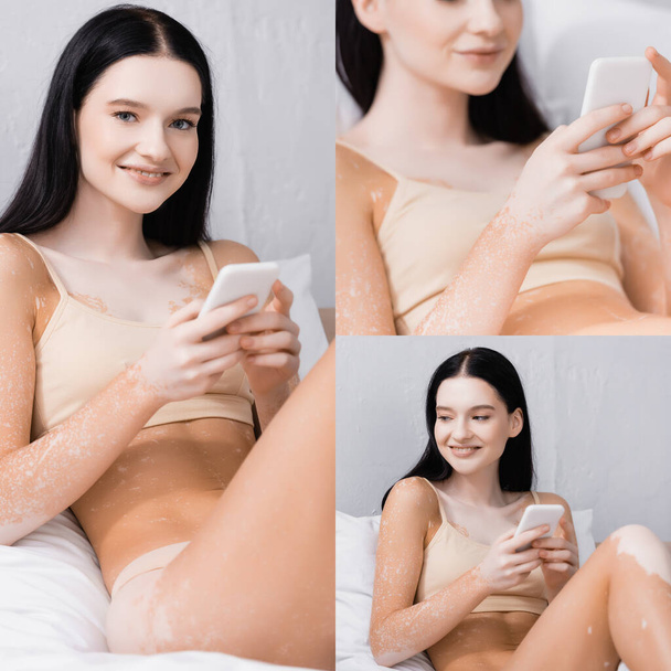寝室のスマートフォンにヴィリゴのテキストメッセージを持つ陽気な女性のコラージュ  - 写真・画像