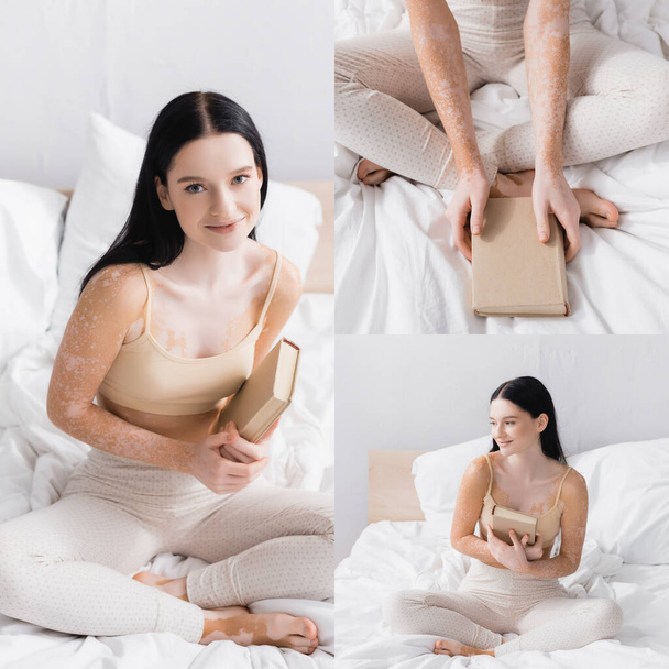 collage of happy woman with vitiligo holding book in bed - Fotoğraf, Görsel