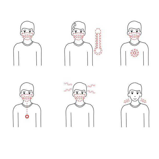coronavirus vectorial con persona ilustrativa que usa máscara médica y tiene síntoma en blanco - Vector, imagen