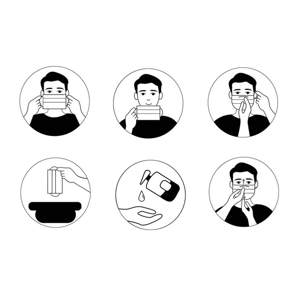 wektorowe ikony koronawirusowe z ilustracyjną osobą noszącą maskę medyczną i używającą środka dezynfekującego na białym - Wektor, obraz