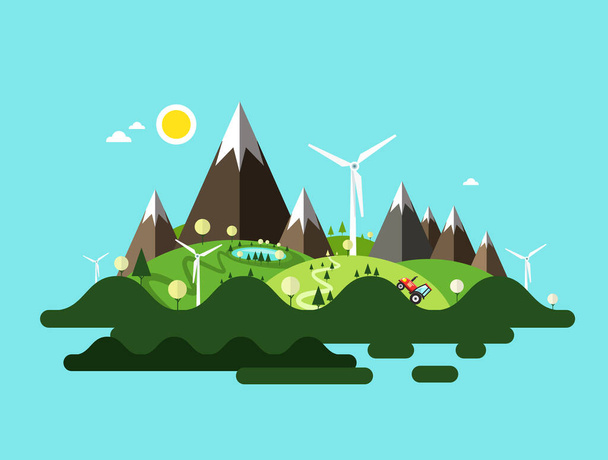 Vector Island Illustration with Mountains and Windmills - Vector, Imagen