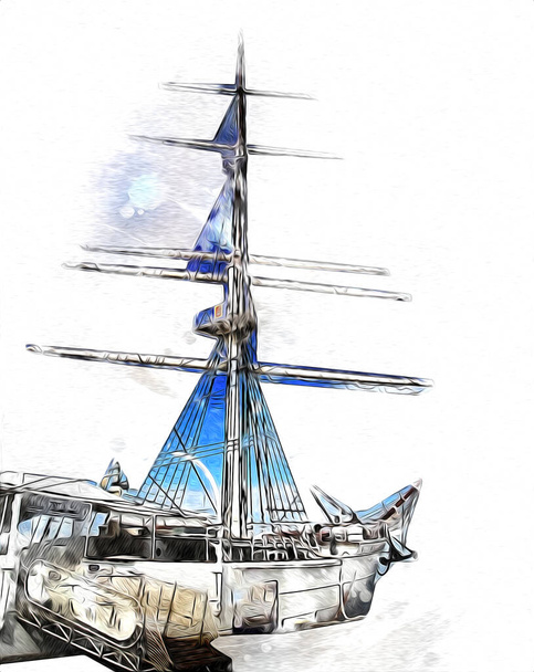 Antique boat sea motive drawing handmade illustration art vintage drawing - Photo, Image