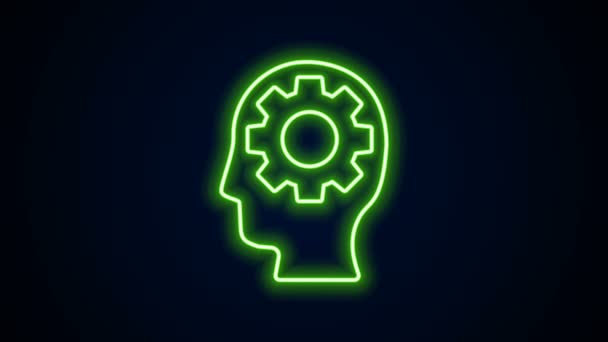 Linha de néon brilhante Cabeça humana com engrenagem dentro ícone isolado no fundo preto. Inteligência artificial. Cérebro pensante. Trabalho simbólico do cérebro. Animação gráfica em movimento de vídeo 4K - Filmagem, Vídeo