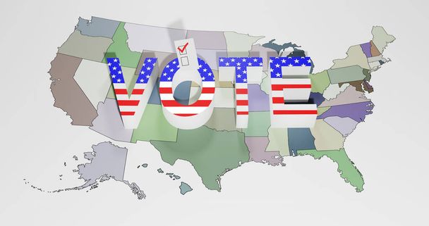 να ψηφίσει τις εκλογές του Προέδρου. Η λέξη ψήφος είναι ένα σύμβολο Αμερικάνικης σημαίας. 3D απεικόνιση - Φωτογραφία, εικόνα
