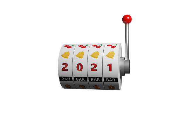 Колеса игрового автомата с номером 2021. Новогодняя концепция. 3d иллюстрация. - Фото, изображение