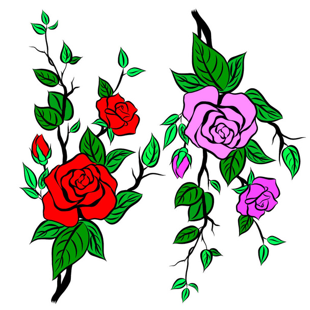 Piękny bukiet róż kwiaty wzrost na białym tle, ręcznie rysowane, kreatywne z ilustracją w płaskiej konstrukcji.Kwiatowy wzór, dekoracyjne serii tapeta.Valentine koncepcja dzień. - Zdjęcie, obraz