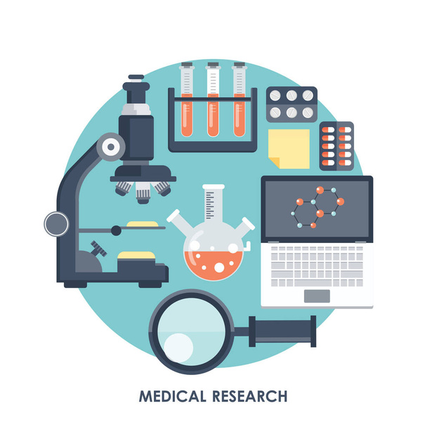研究室と医学研究。実験装置のバナー。科学、医学、知識の概念。研究の概念。平面ベクトル図 - ベクター画像