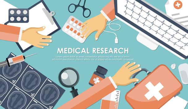 Medical research banner. Medical workplace. Flat vector illustration - Vector, Image