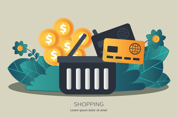 On-line nákupy a platební metody. Mobilní platby. Platba za kliknutí a on-line objednávky. Plochá vektorová ilustrace - Vektor, obrázek