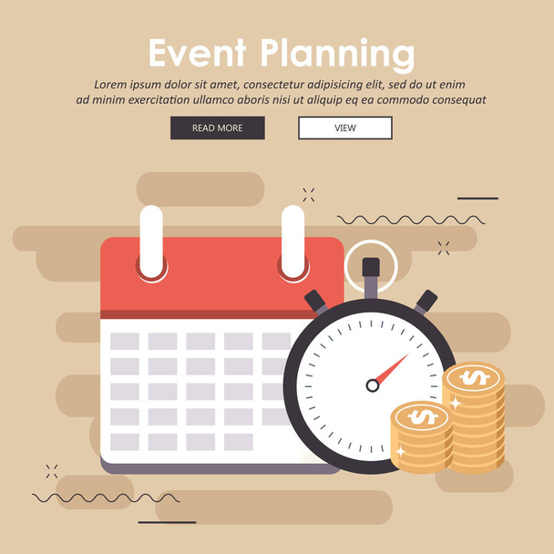 Concepto para la planificación de eventos empresariales y de negocios. Calendario con cronómetro y monedas de oro. Ilustración vectorial plana - Vector, Imagen