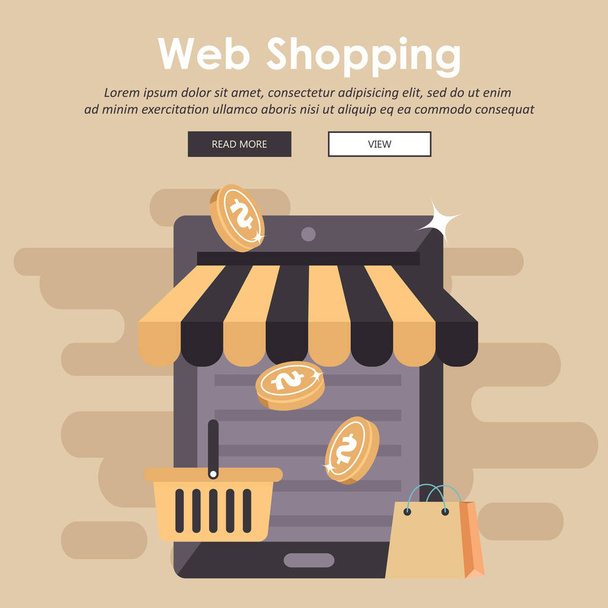 Shopping online mobile. M concetto di commercio, E-commerce pubblicità illustrazione. Illustrazione vettoriale piatto - Vettoriali, immagini