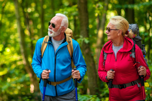 Seniorenpaar spaziert im Wald.  - Foto, Bild