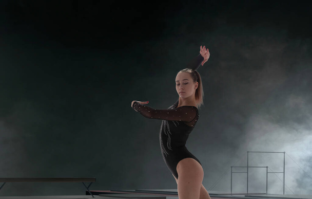 Female gymnast doing a complicated trick in a professional arena - Zdjęcie, obraz